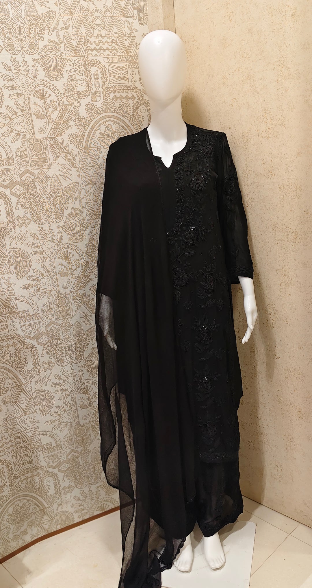 Yazrin Viscose Designer Black  Add On Cutdana And Pearl Work Chikankari 3 Piece Set