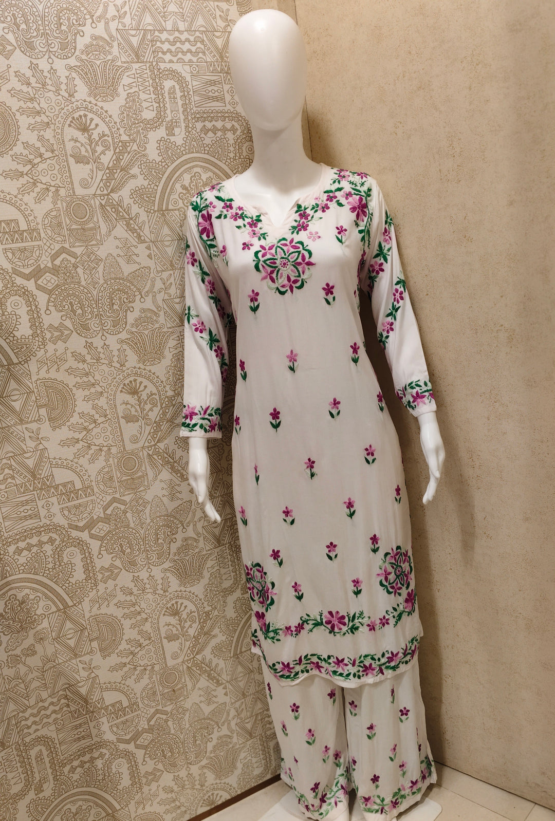 Rida  Rayon Chikankari Designer White- Multi  Palazzo Set