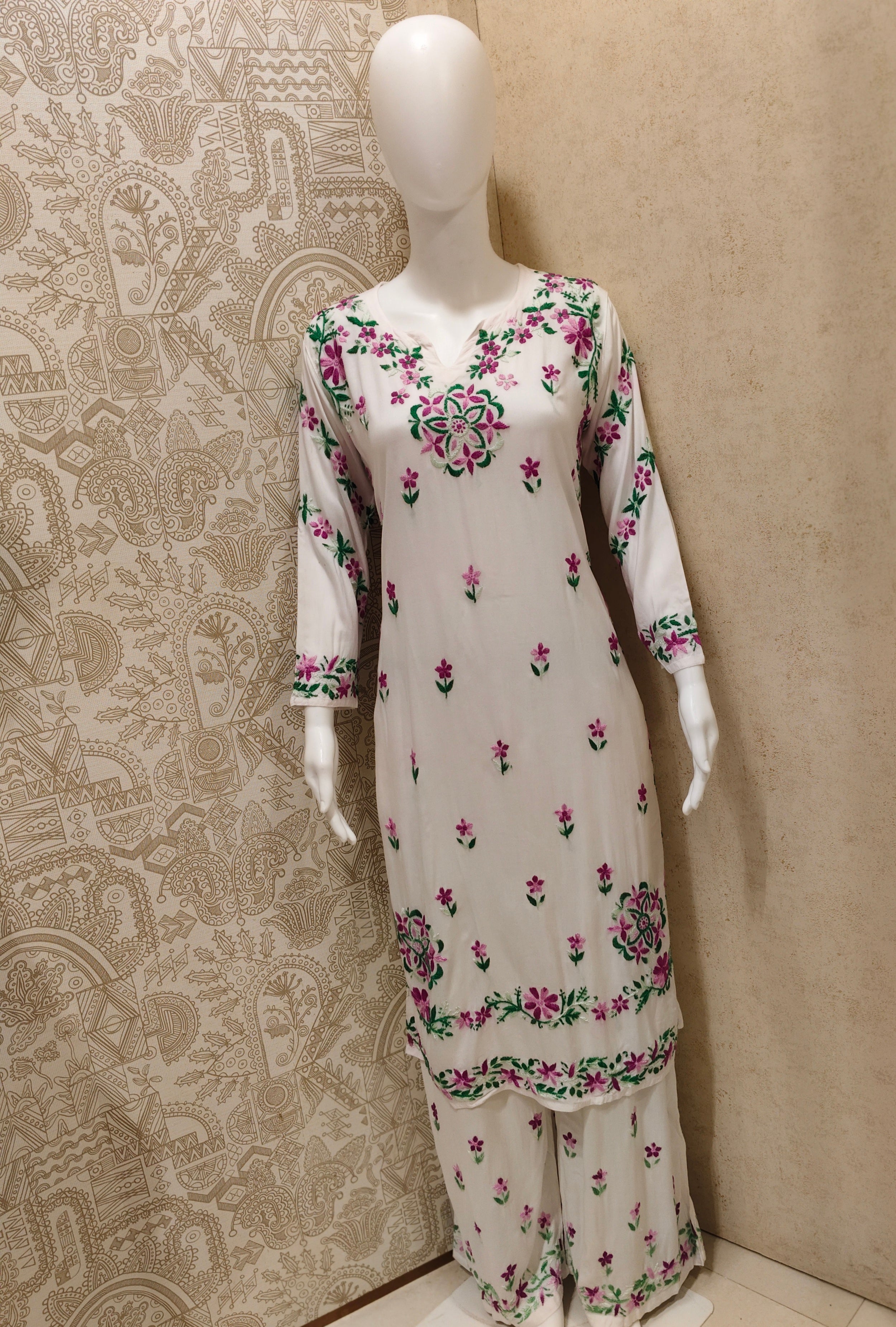 Rida  Rayon Chikankari Designer White- Multi  Palazzo Set