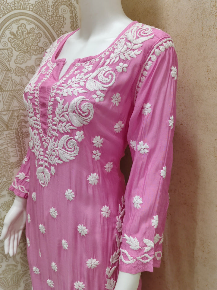 Safa Premium Muslin 3D Chikankari  Rose Long Kurti