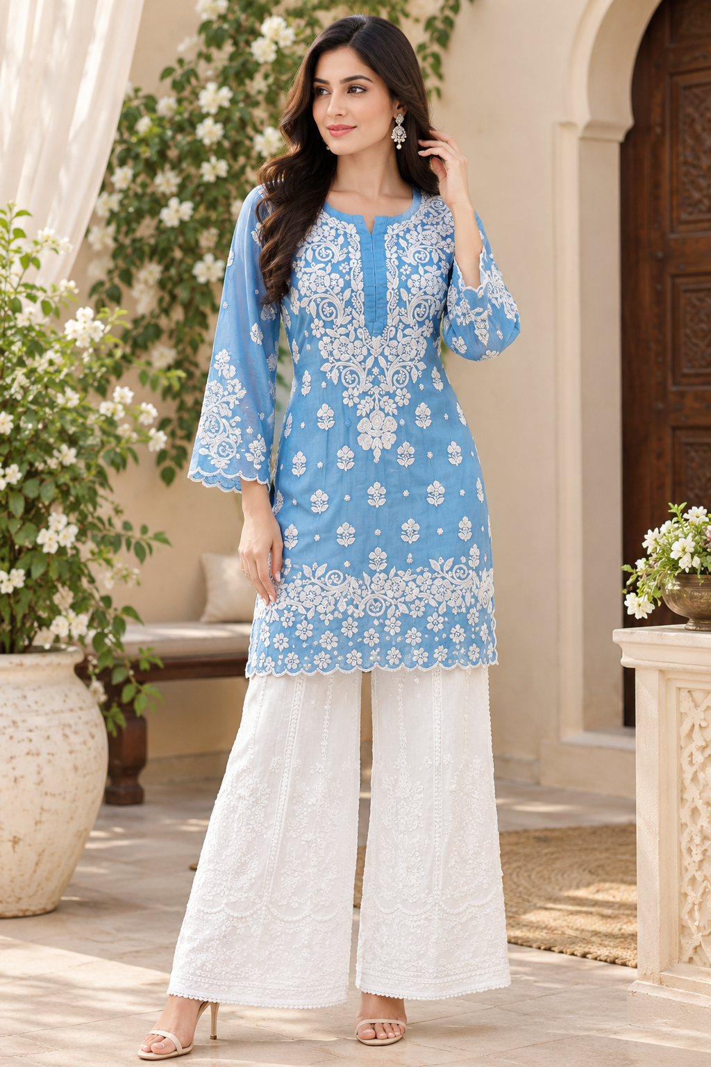 Rua Premium Muslin 3D Chikankari short kurti with scollap work
