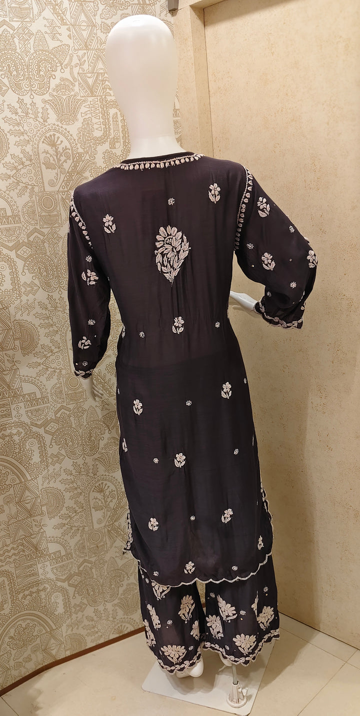 Azina Premium Muslin 3D Chikankari Ombre With Cutwork And Mukaish Work Kurti Palazzo Set