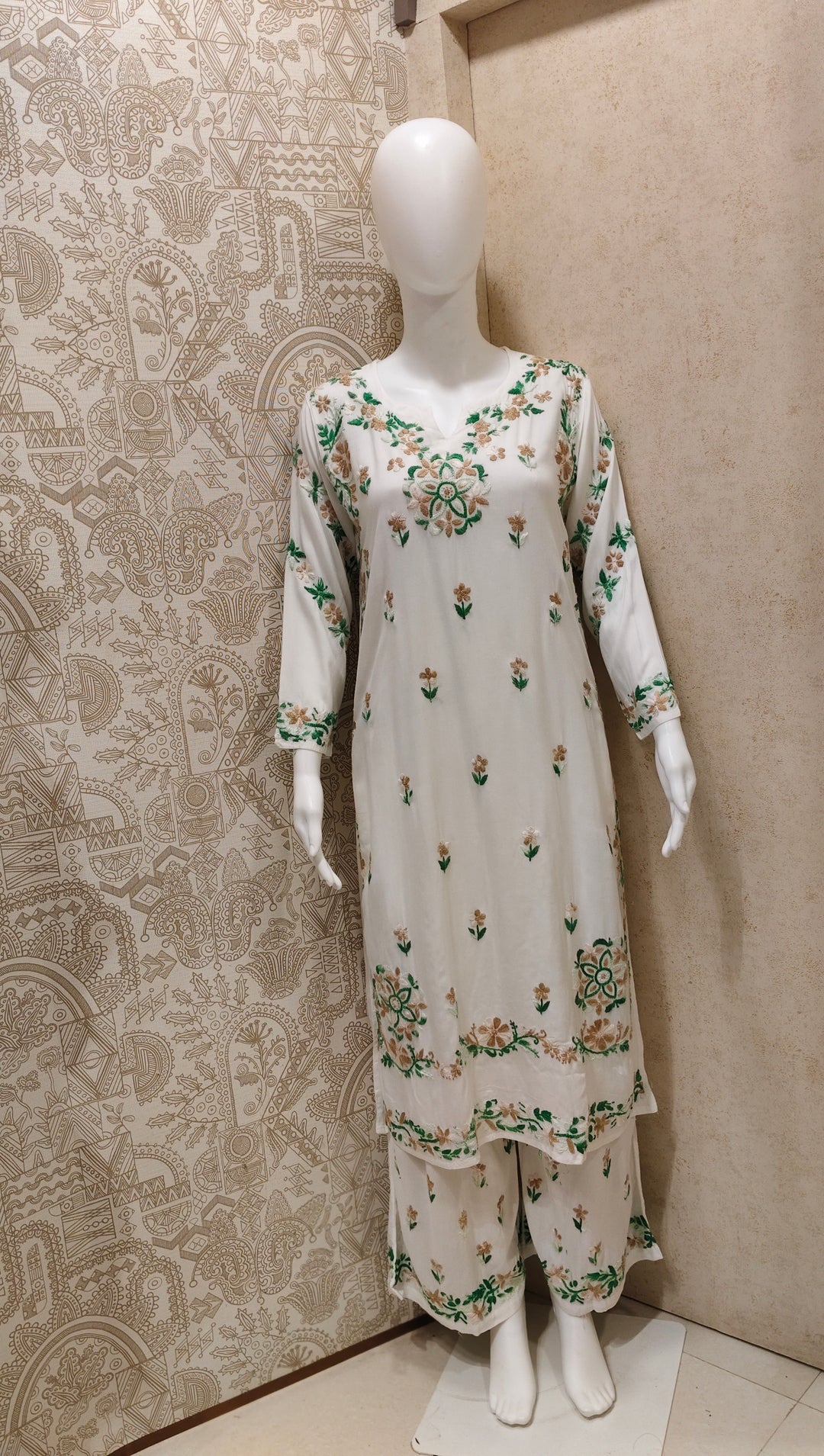 Rida  Rayon Chikankari Designer White- Multi  Palazzo Set