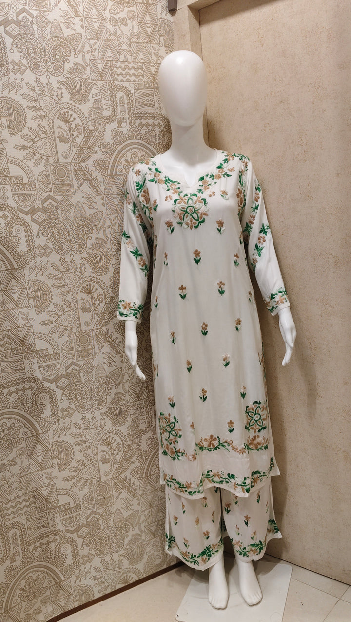 Rida  Rayon Chikankari Designer White- Multi  Palazzo Set