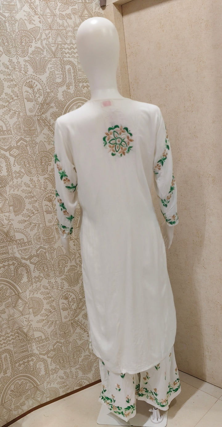 Rida  Rayon Chikankari Designer White- Multi  Palazzo Set