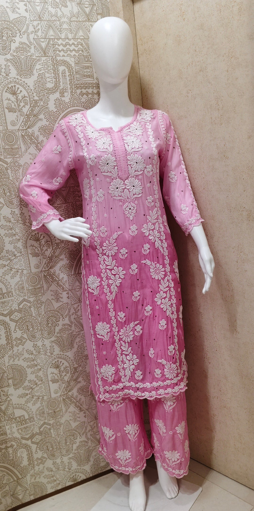 Azina Premium Muslin 3D Chikankari Ombre With Cutwork And Mukaish Work Kurti Palazzo Set