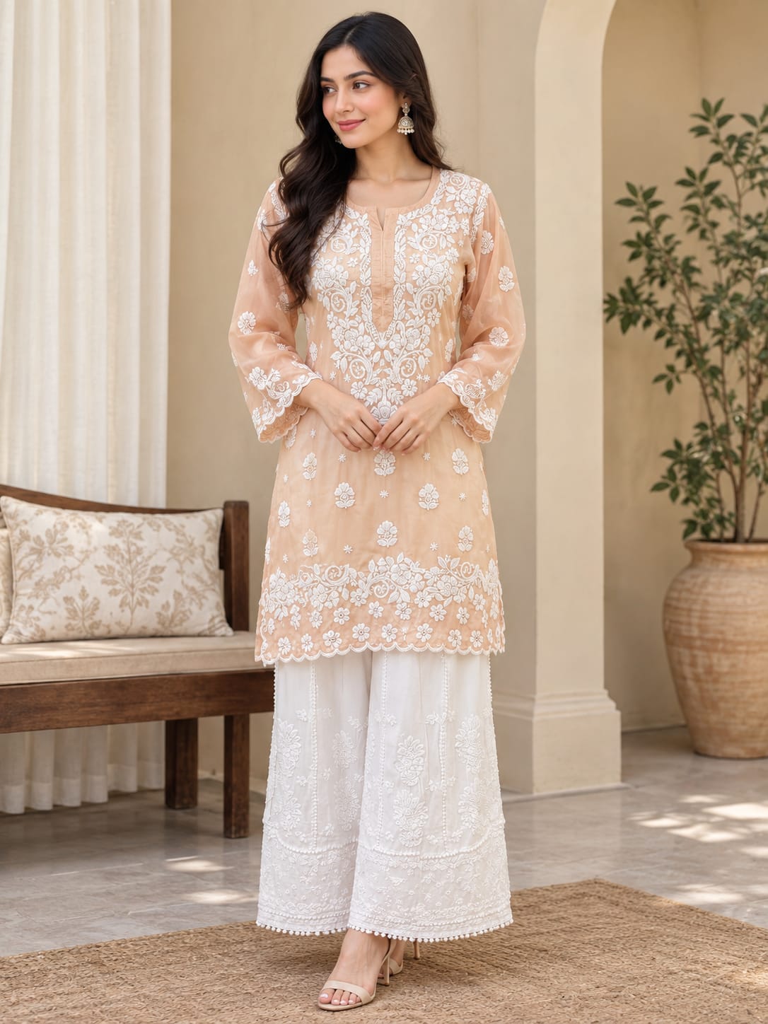 Rua Premium Muslin 3D Chikankari short kurti with scollap work