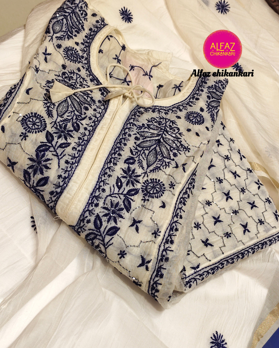 Alica  Mul Chanderi Semi-Stitched A Line Kurta And Dupatta Set.