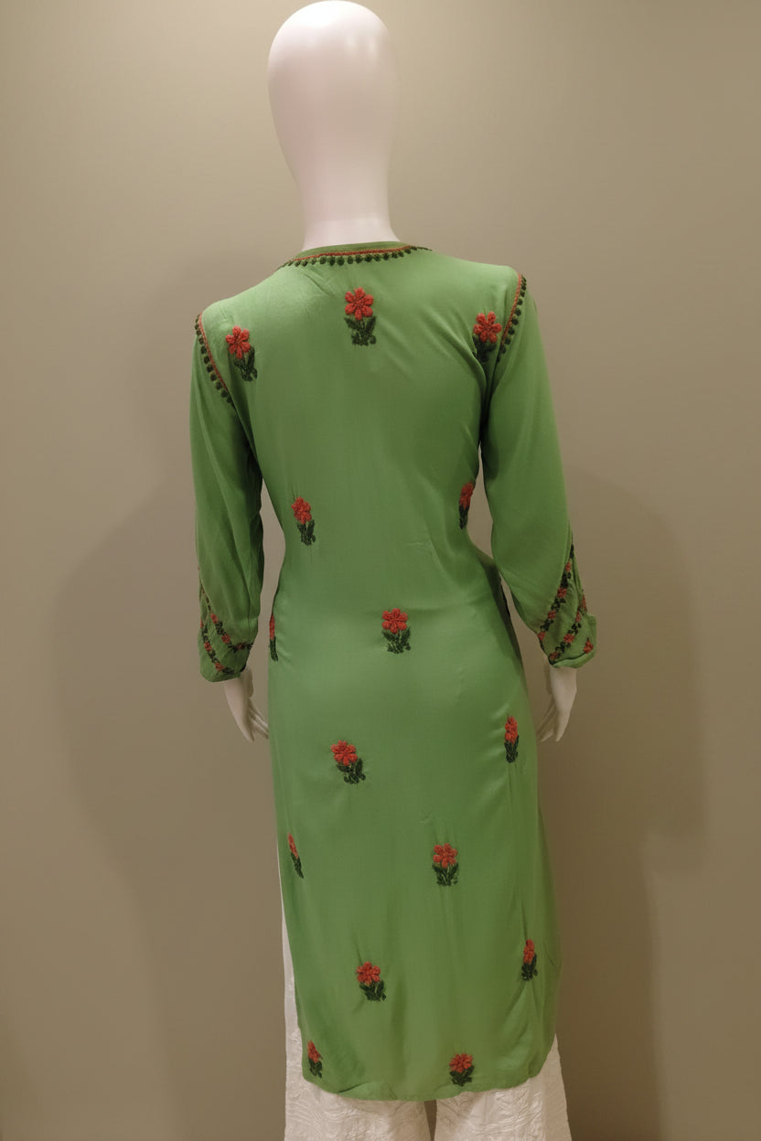 Kyra Rayon Chikankari Green - Pink  Long Kurti