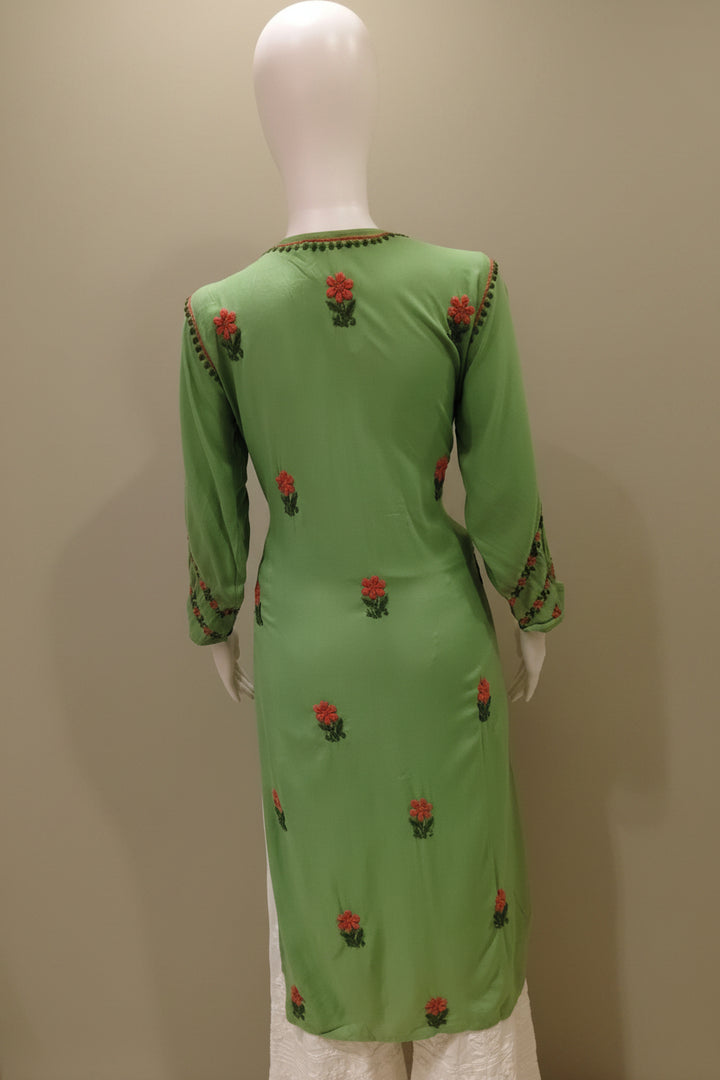 Kyra Rayon Chikankari Green - Pink  Long Kurti