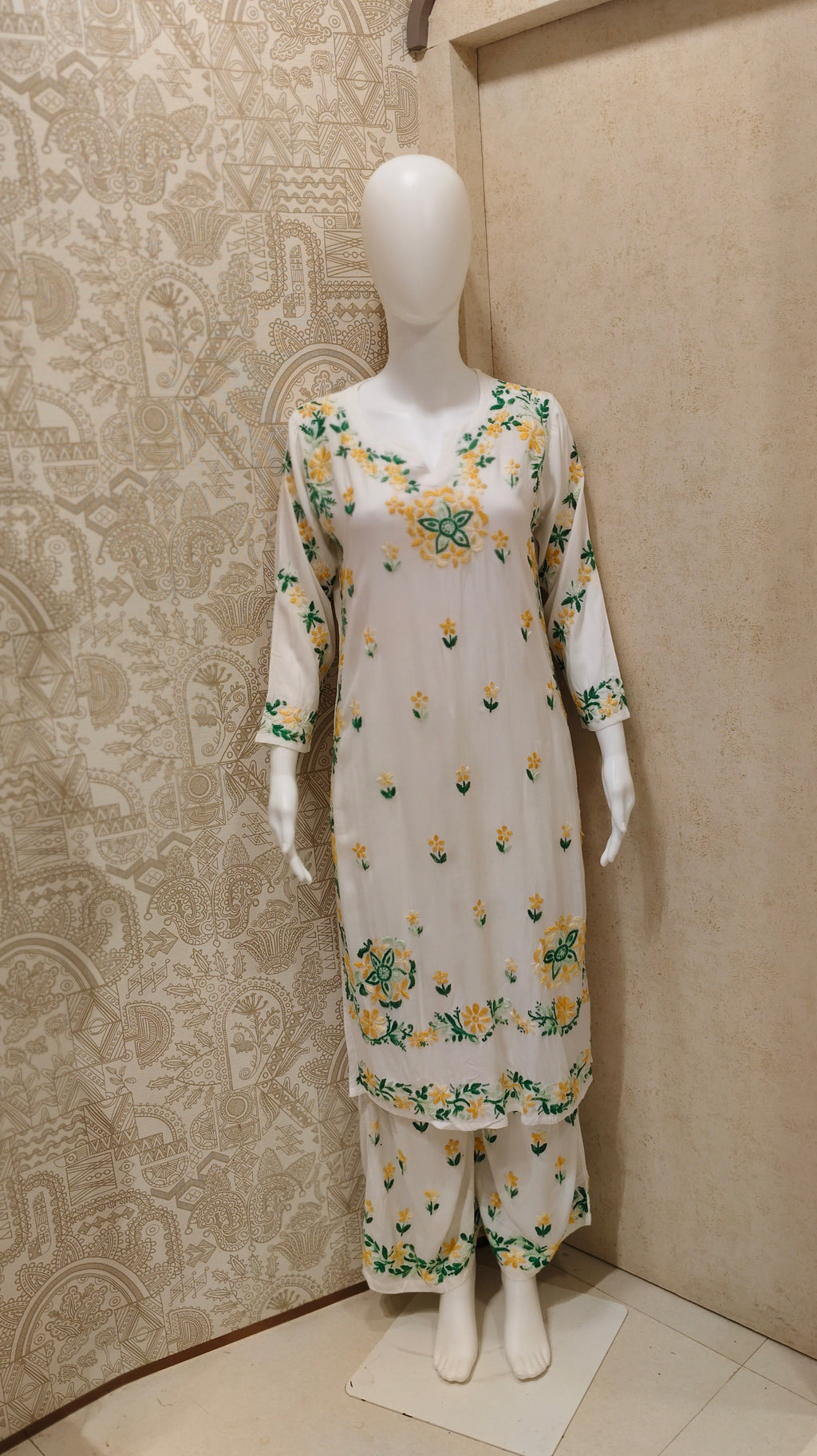 Rida  Rayon Chikankari Designer White- Multi  Palazzo Set