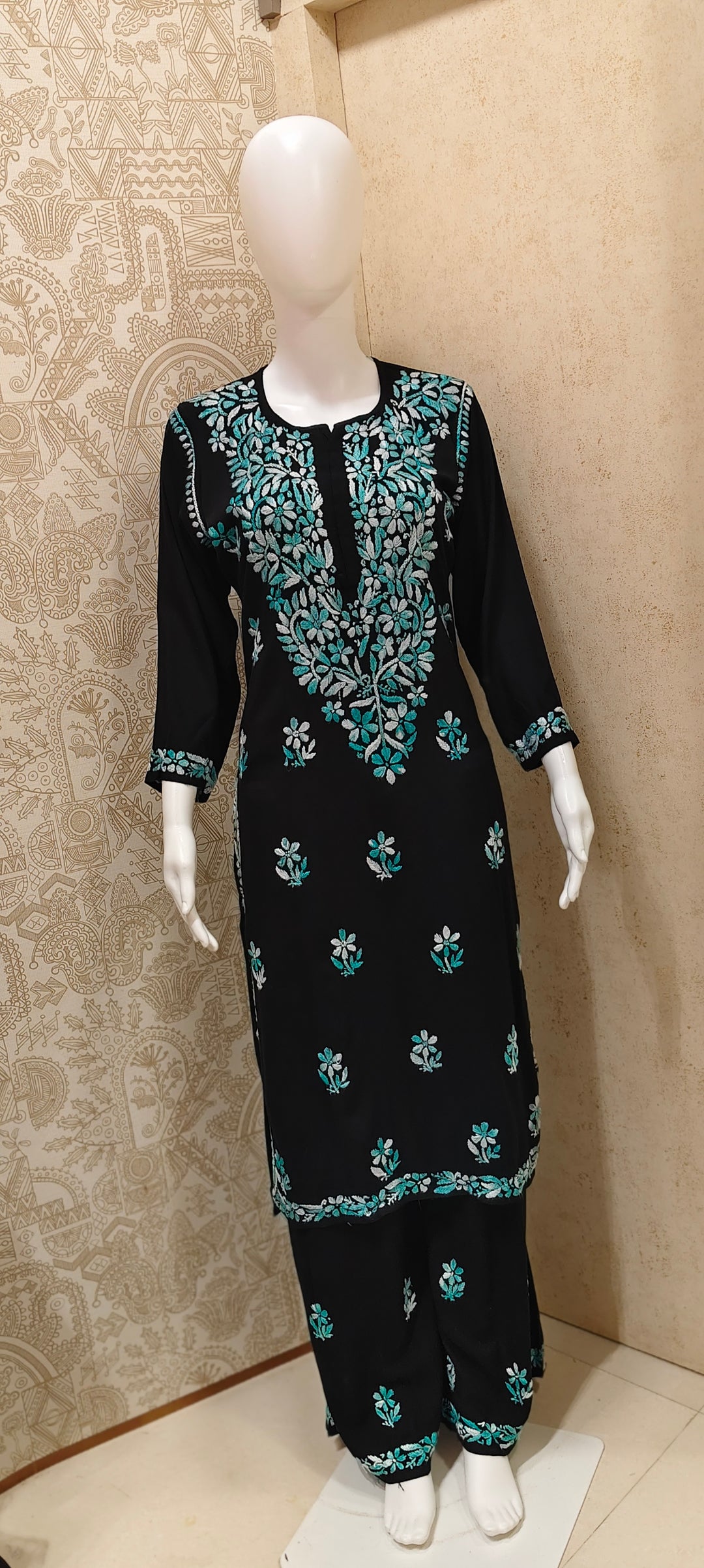 Sana Rayon Chikankari Designer Black Palazzo Set