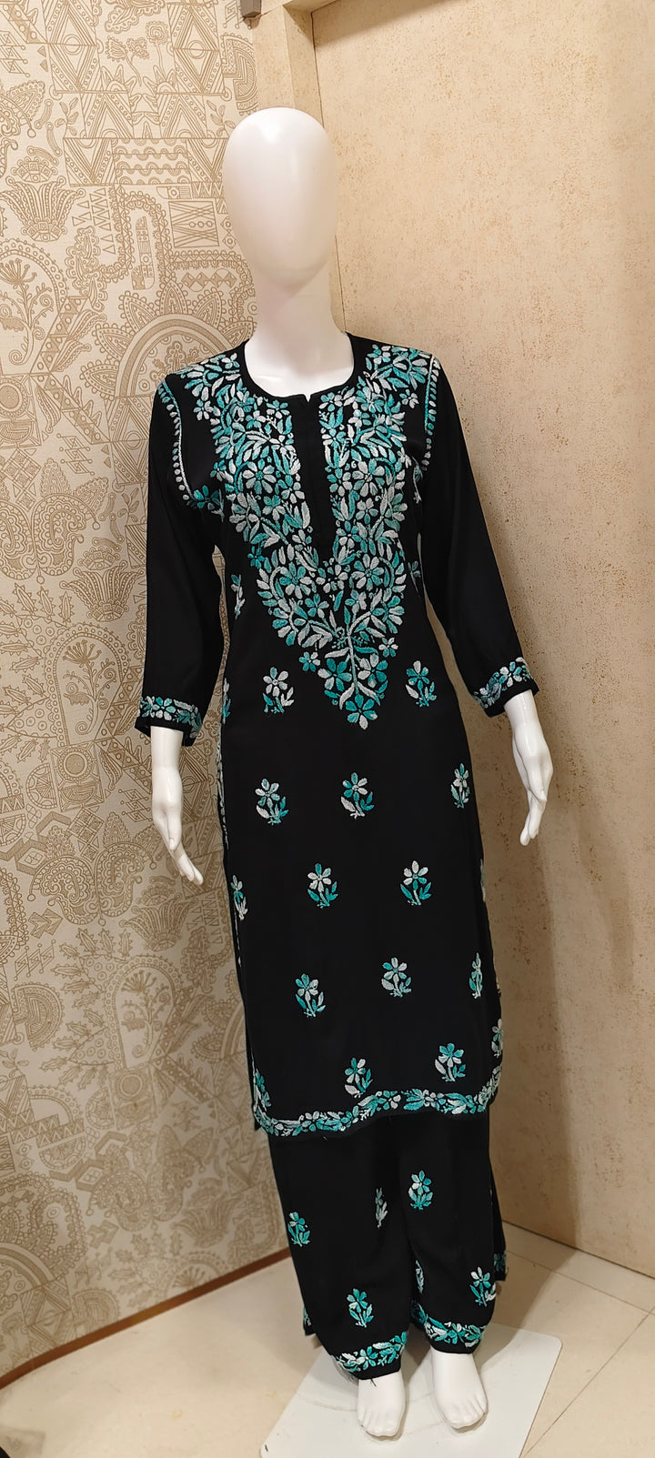 Sana Rayon Chikankari Designer Black Palazzo Set