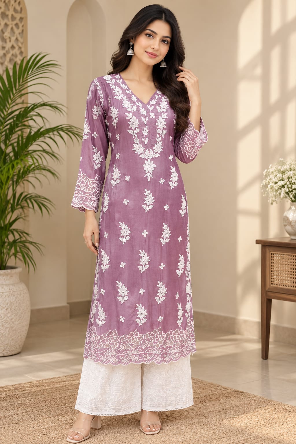 Inaya Premium Muslin 3D Chikankari work with Cutwork detailing long kurti
