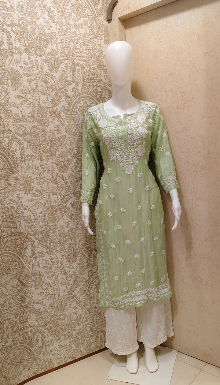 Safa Premium Muslin 3D Chikankari  Rose Long Kurti