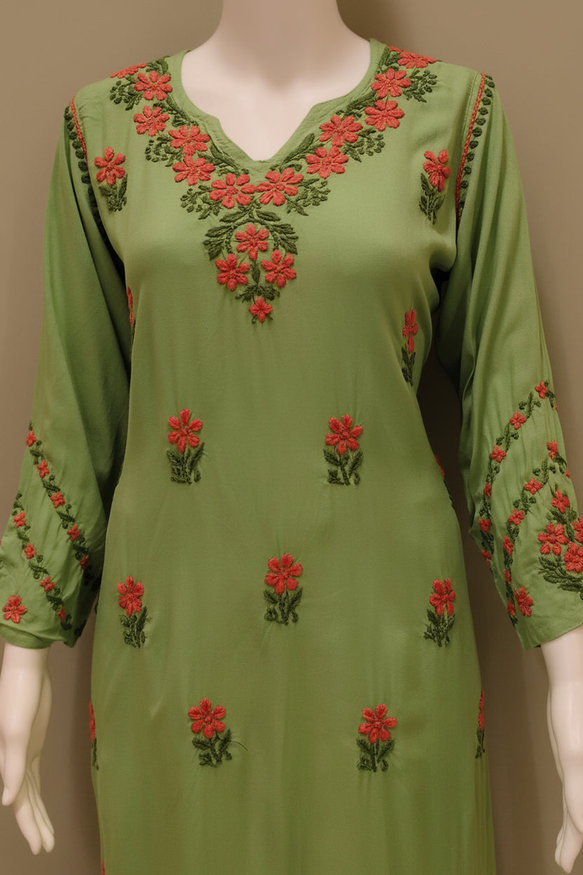 Kyra Rayon Chikankari Green - Pink  Long Kurti