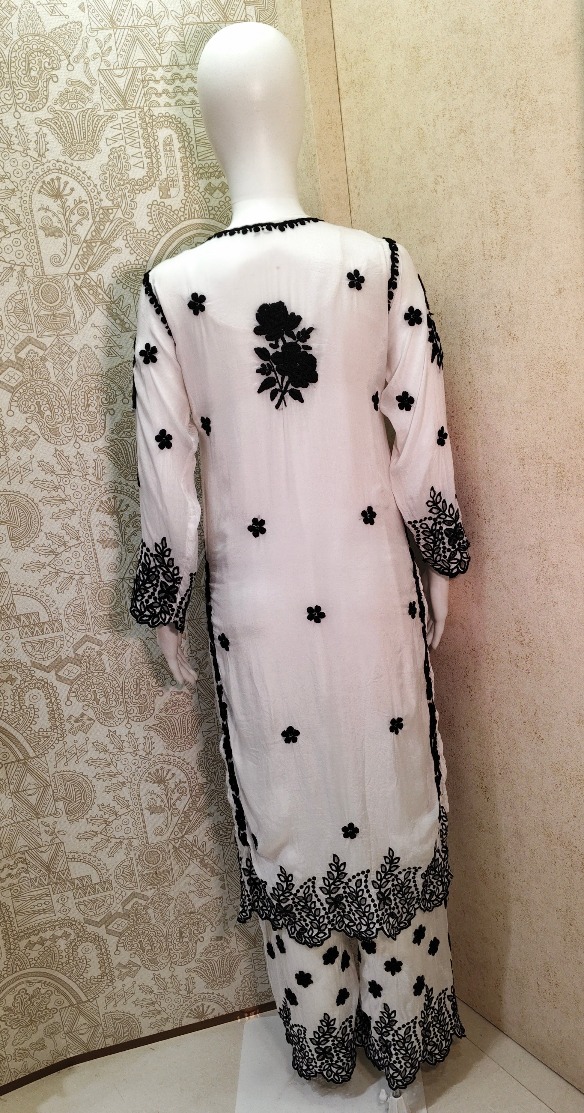 Adila Premium Muslin  10D  chakankati   whait and black  Cutwork Kurti Palazzo Set