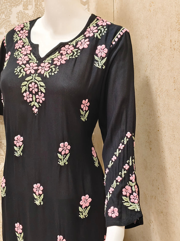 Yara  Rayon Black Multi Long Kurti Chikankari