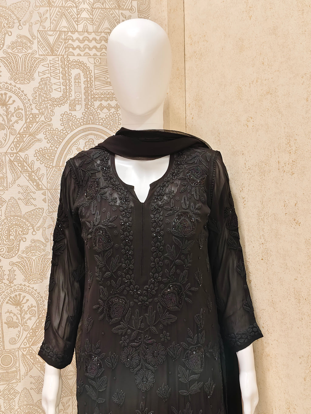 Yazrin Viscose Designer Black  Add On Cutdana And Pearl Work Chikankari 3 Piece Set