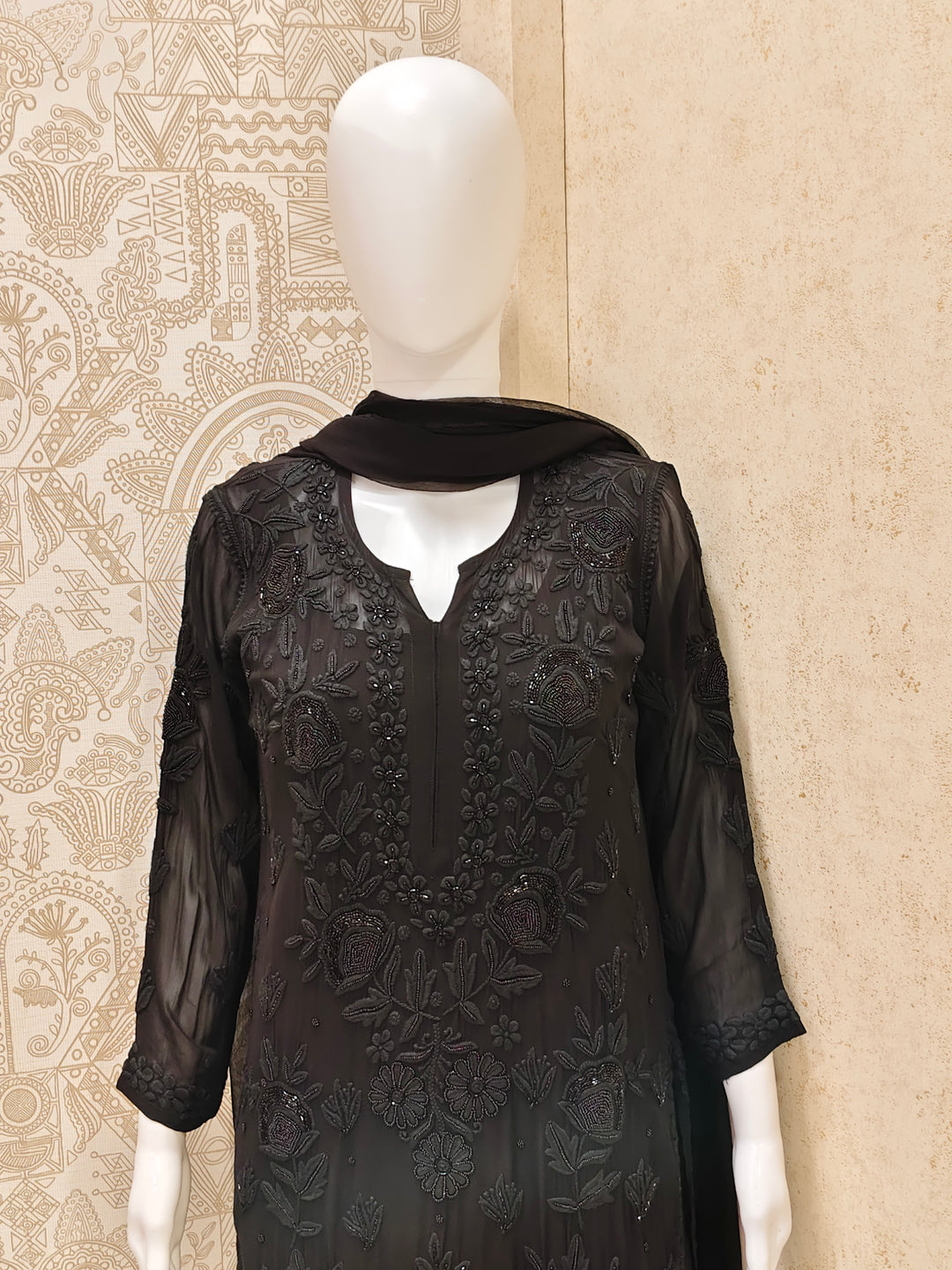 Yazrin Viscose Designer Black  Add On Cutdana And Pearl Work Chikankari 3 Piece Set