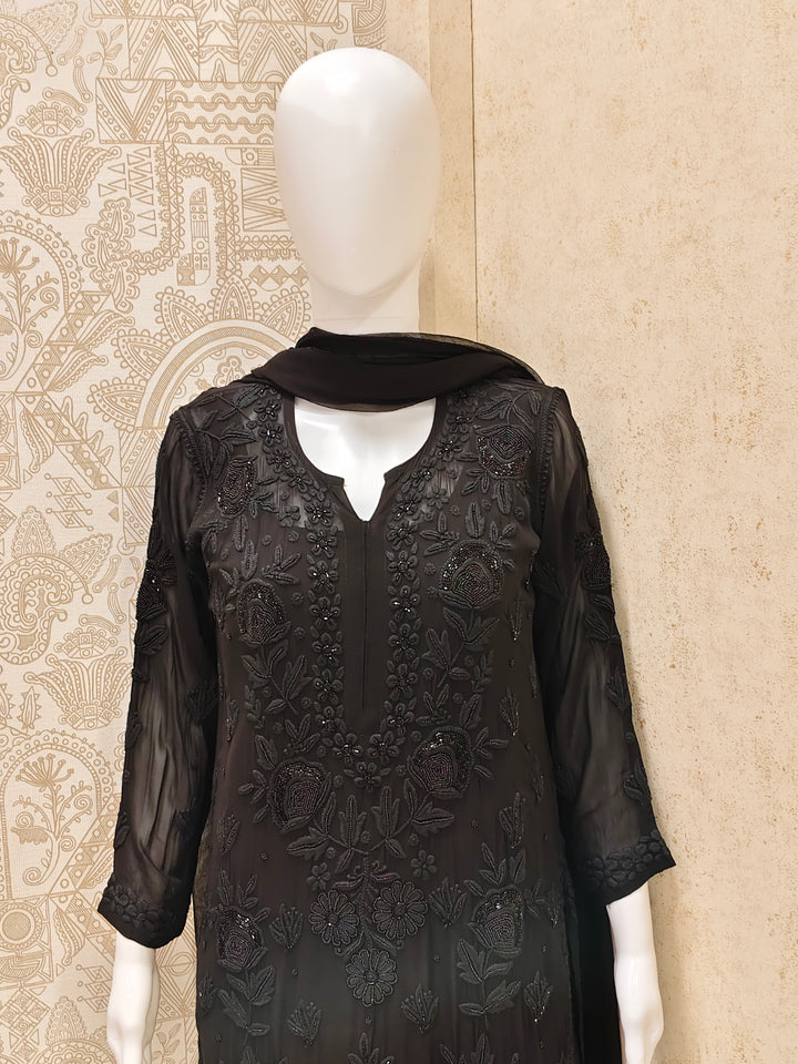 Yazrin Viscose Designer Black  Add On Cutdana And Pearl Work Chikankari 3 Piece Set