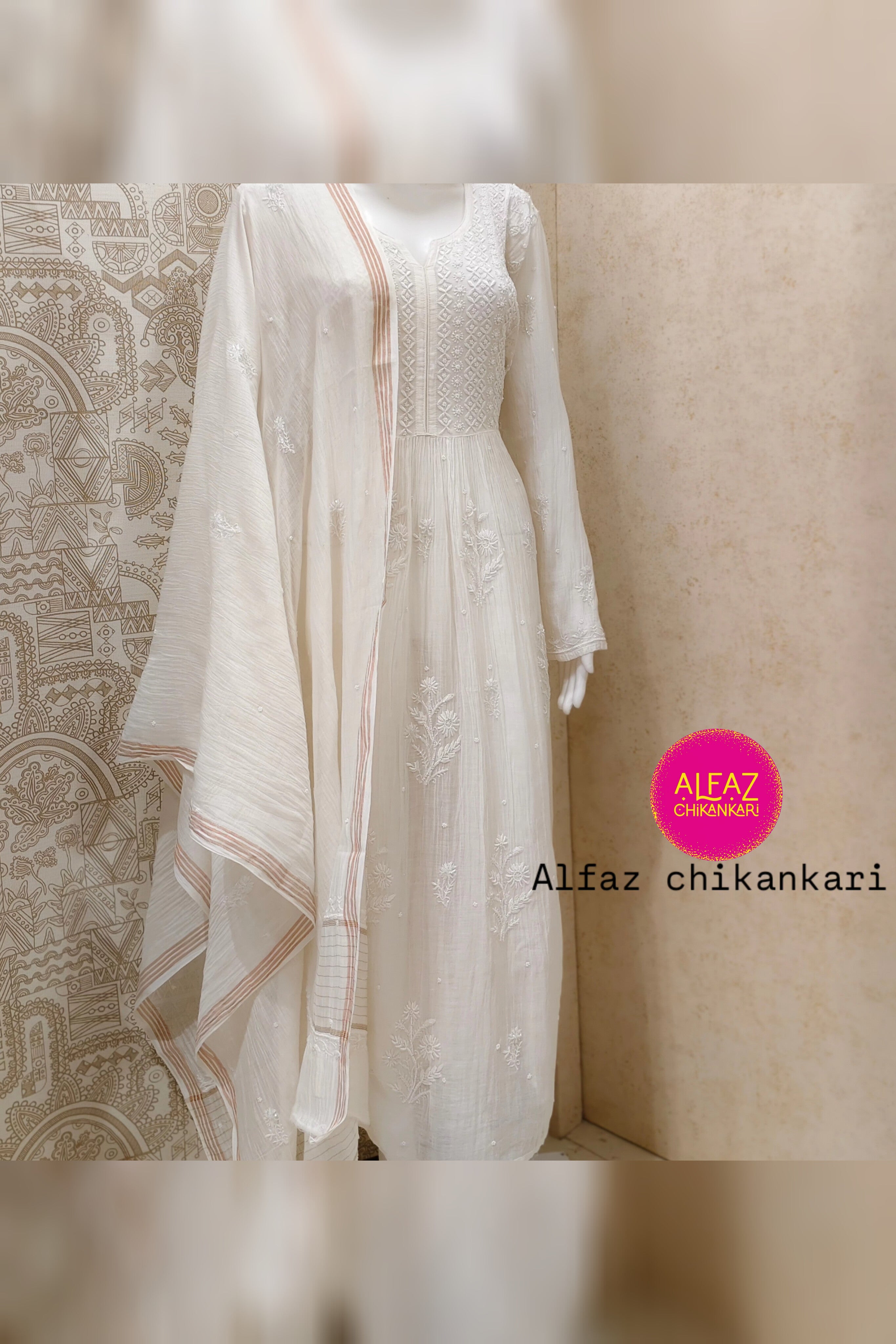 Eva Mul Chanderi Semi-Stitched Kurta And Dupatta Set.