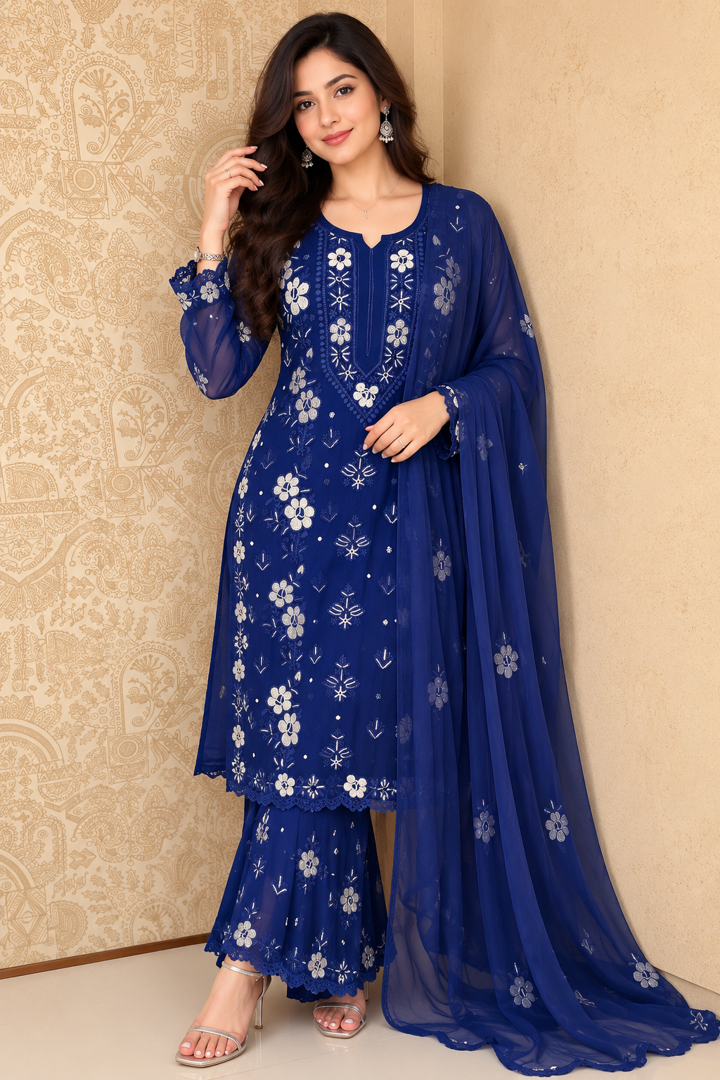 Afra Viscose Designer  Cutdana And Pearl Work Chikankari 3 Piece kalidar palazzo  set