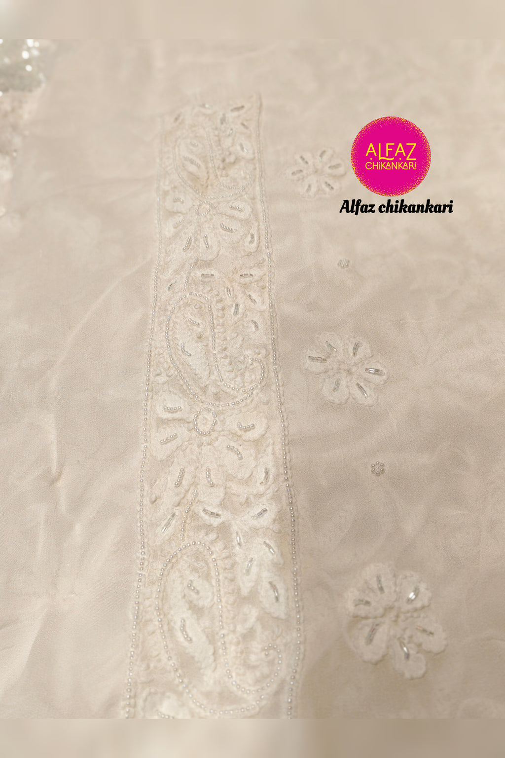 Haniyya  Hand Embroidered White Viscose  Lucknowi Chikankari Unstitched Kurta Dupatta Set With  Add On Cutdana