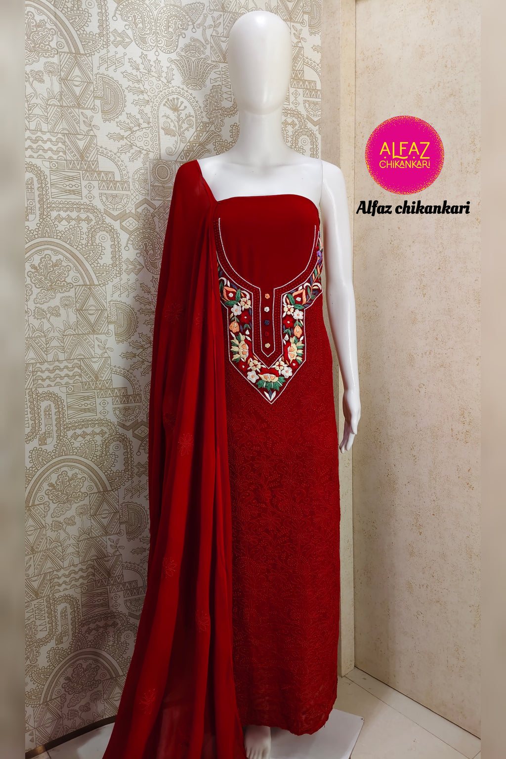 Urfi Hand Embroidered Red  Viscose  Lucknowi Chikankari Unstitched Kurta Dupatta Set With Parsi Ghara Work