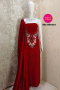 Urfi Hand Embroidered Red  Viscose  Lucknowi Chikankari Unstitched Kurta Dupatta Set With Parsi Ghara Work