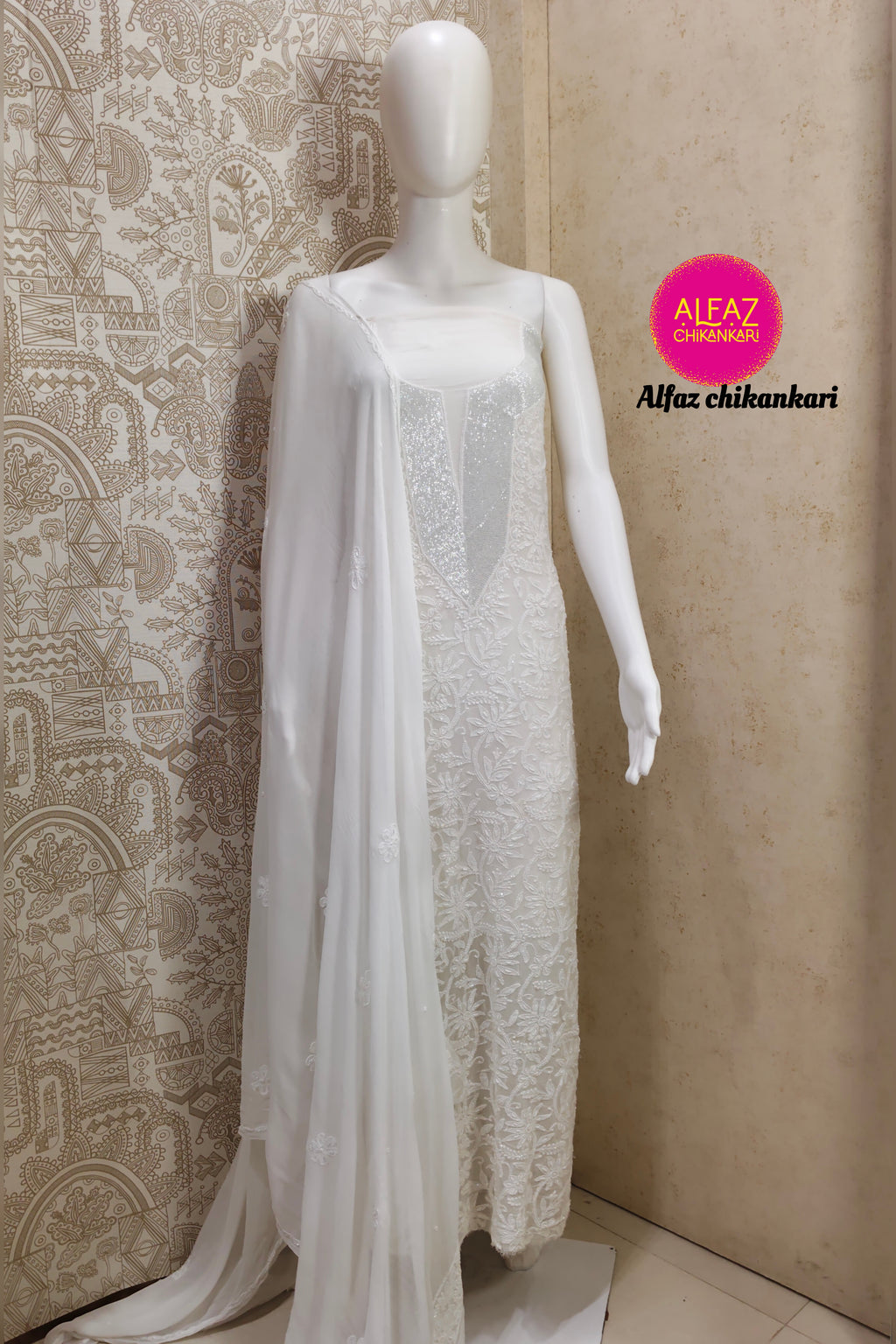 Haniyya  Hand Embroidered White Viscose  Lucknowi Chikankari Unstitched Kurta Dupatta Set With  Add On Cutdana