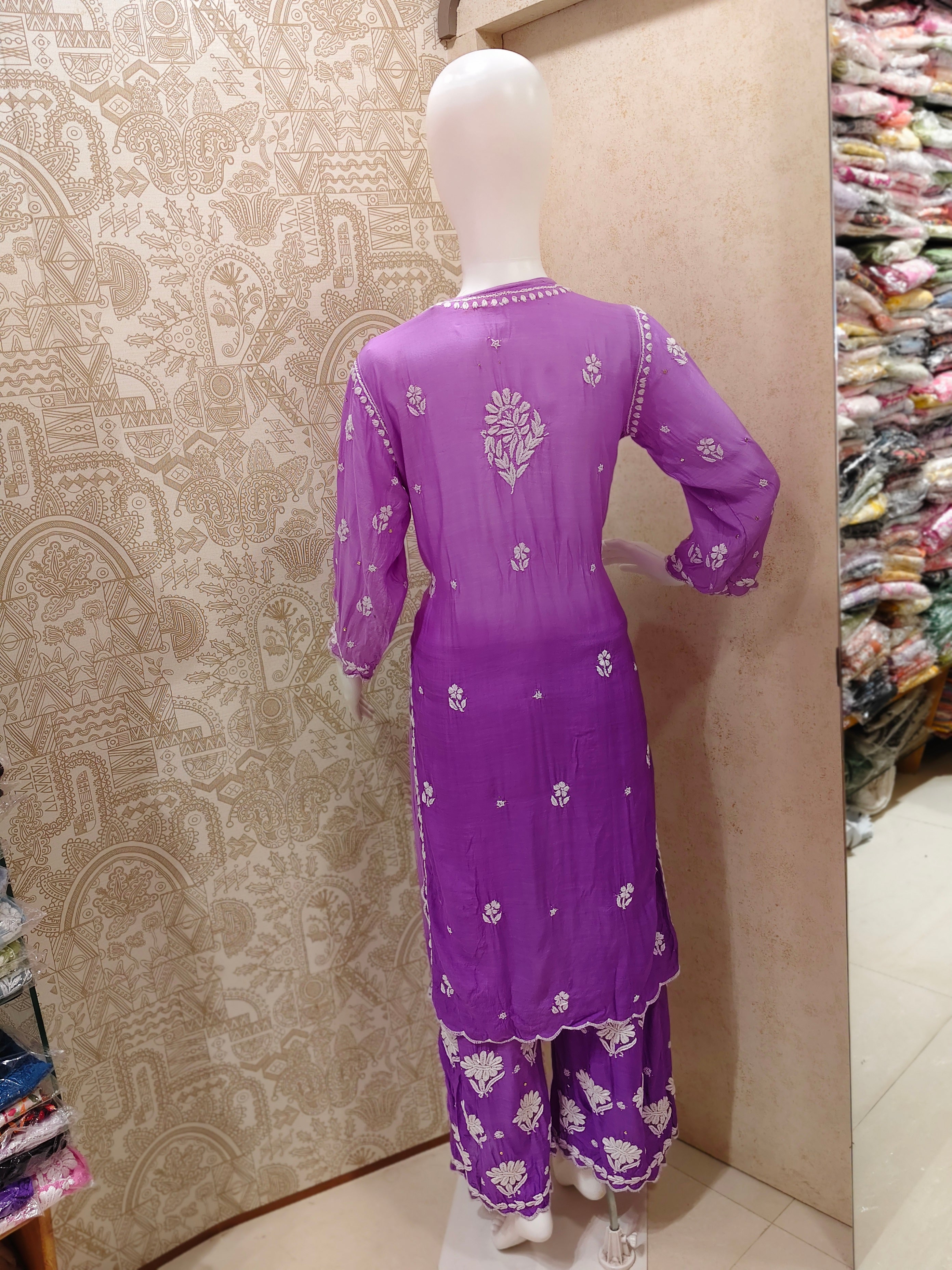 Azina Premium Muslin 3D Chikankari Ombre With Cutwork And Mukaish Work Kurti Palazzo Set