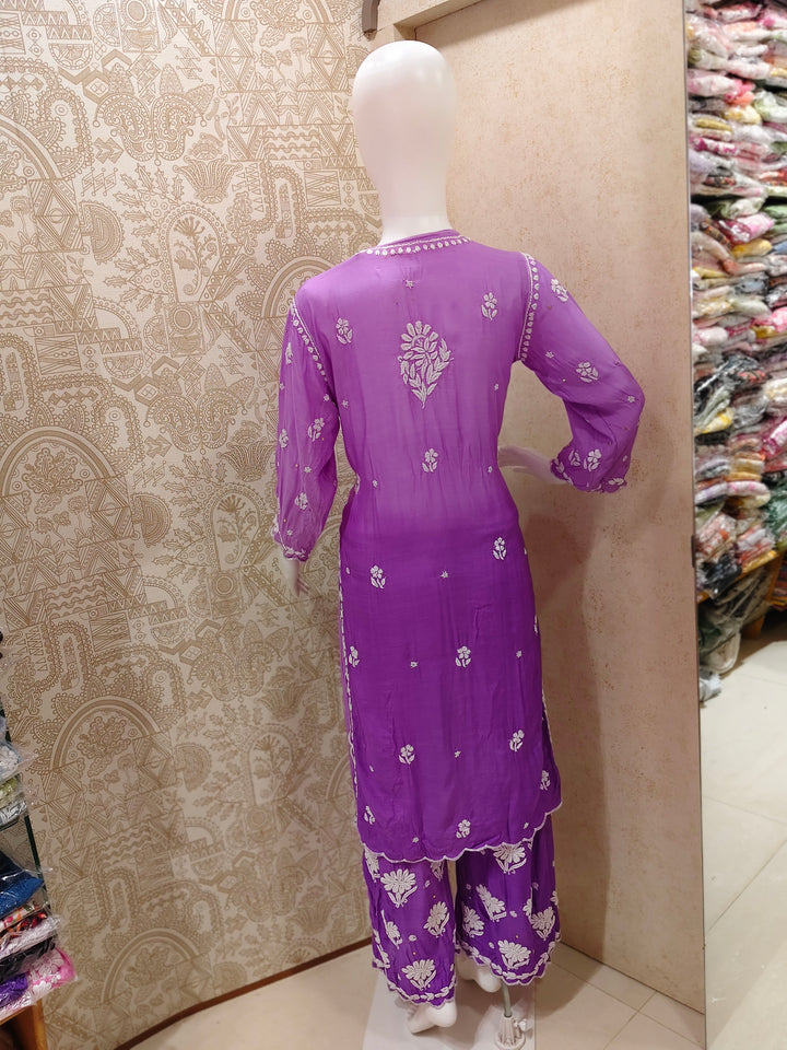 Azina Premium Muslin 3D Chikankari Ombre With Cutwork And Mukaish Work Kurti Palazzo Set
