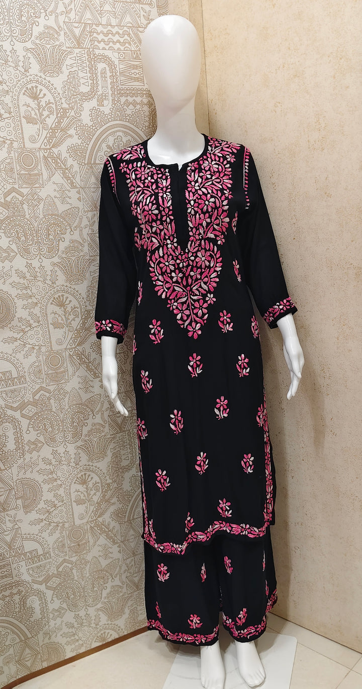 Sana Rayon Chikankari Designer Black Palazzo Set