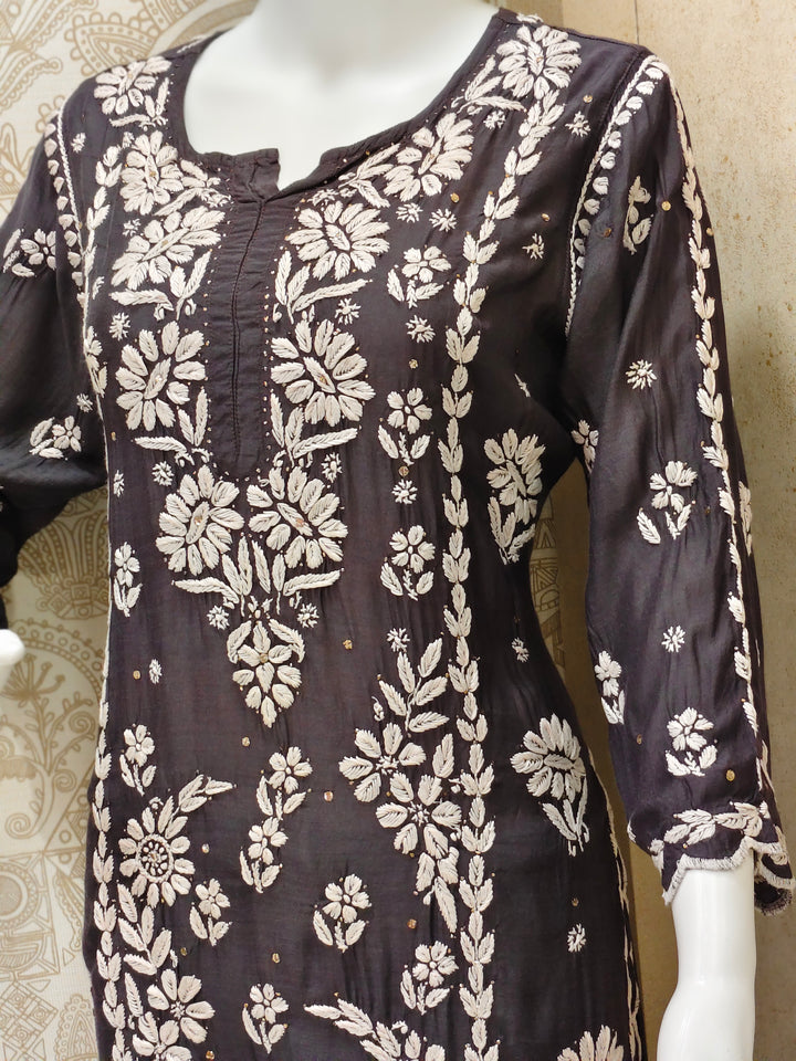Azina Premium Muslin 3D Chikankari Ombre With Cutwork And Mukaish Work Kurti Palazzo Set